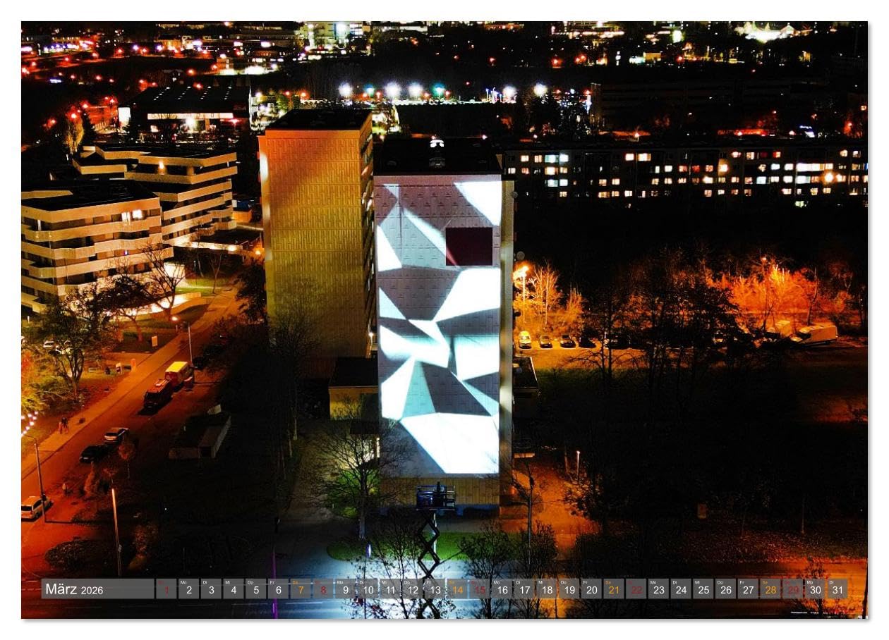 HALLE AN DER SAALE NACHTFLUG (hochwertiger Premium Wandkalender 2026 DIN A2 quer), Kunstdruck in Hochglanz: Der Kalender "HALLE AN DER SAALE ... nächtlichen Luftaufnahmen. (CALVENDO Orte)
