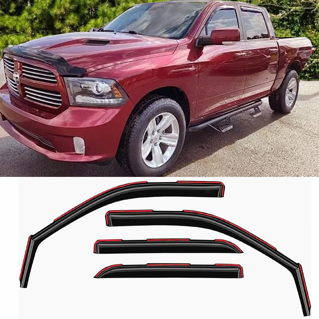 Dark Smoke in-Channel Window Visors Rain Guards for Truck 09-18 Dodge Ram 1500 Crew Cab, 2010-2024 Ram 2500 & 3500 Crew & Mega Cab, 2019-2023 Ram 1500 Classic Crew Cab Wind Vent Deflector Sun Shade