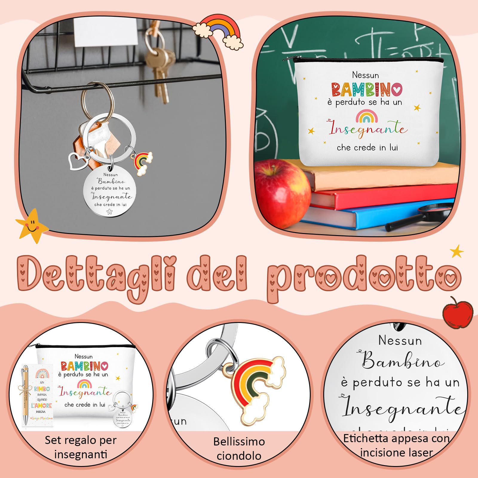 Xuniea 3 Sets Regali di Ringraziamento per Insegnante 3 Portachiavi con Cuore e Arcobaleno 3 Borse per Cosmetici in Tela 3 Penne a Sfera Carte e Corda per Maestra Asilo Professoressa Laurea Compleanno