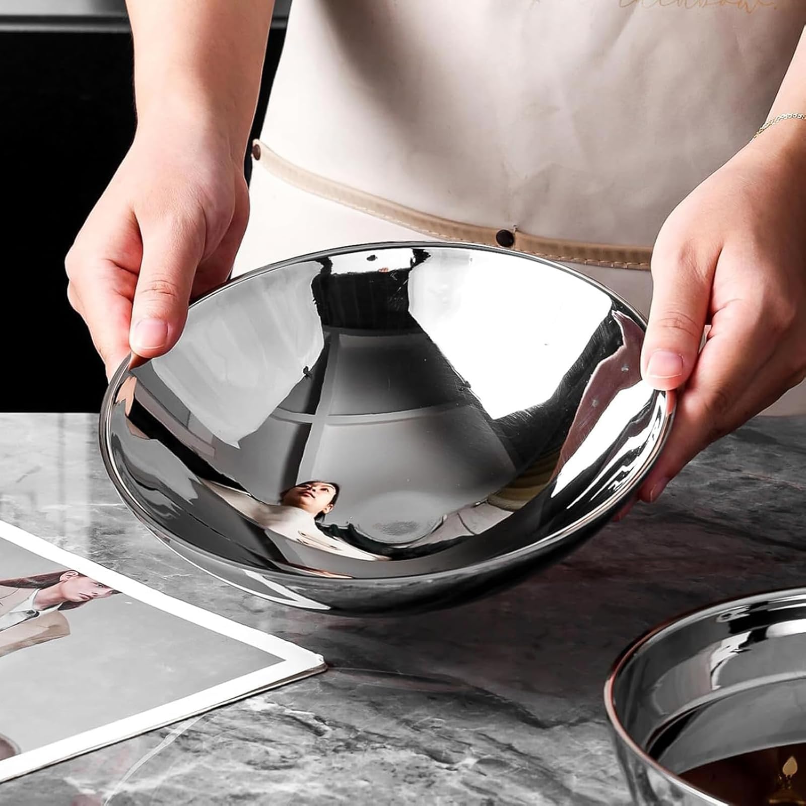 Platos divididos de acero inoxidable, platos esféricos y cuencos, juego completo de cubiertos de 7 piezas, doble capa aislada y resistente al calor, reutilizable, cuencos para servir, para cocina