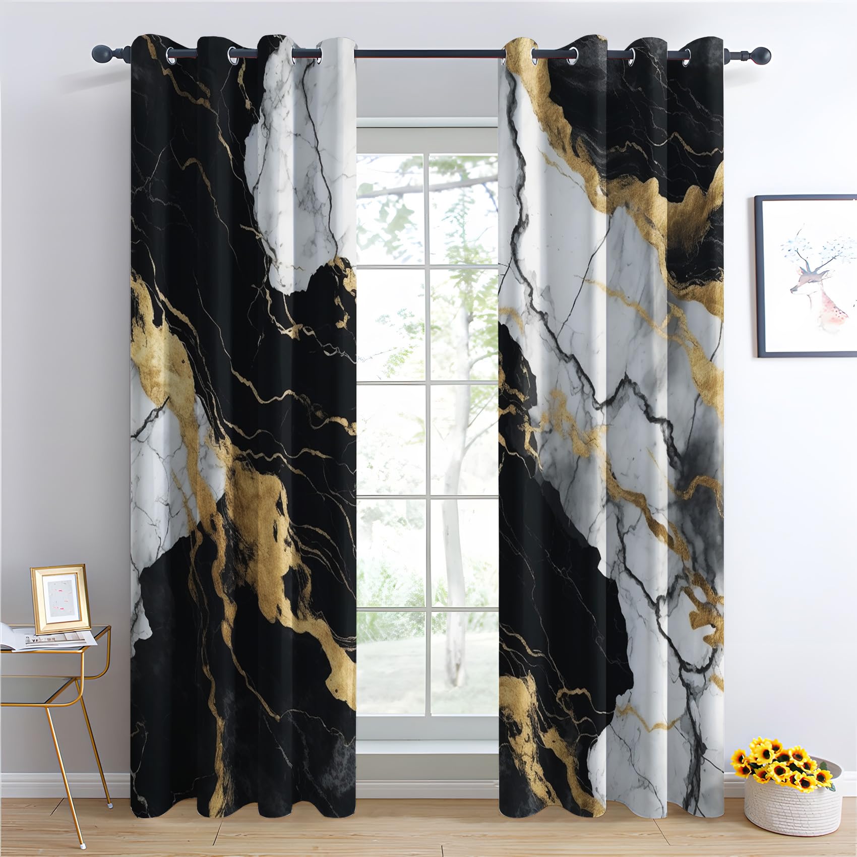 QEODAH Marble Blackout Curtains for Bedroom - Black White and Gold Modern Luxury Abstract Living Room Curtains 66x72 Eyelet - Soft Thermal Insulated Patterned Drapes for Windows - 2 Panels