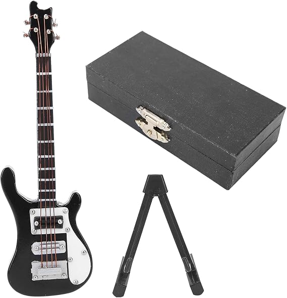 Cyrank Electric Guitar Ornament, 10cm Wooden Musical Instrument Model Guitar Display Ornament with Stand and Case Miniature Musical Replica Decoration(Black)