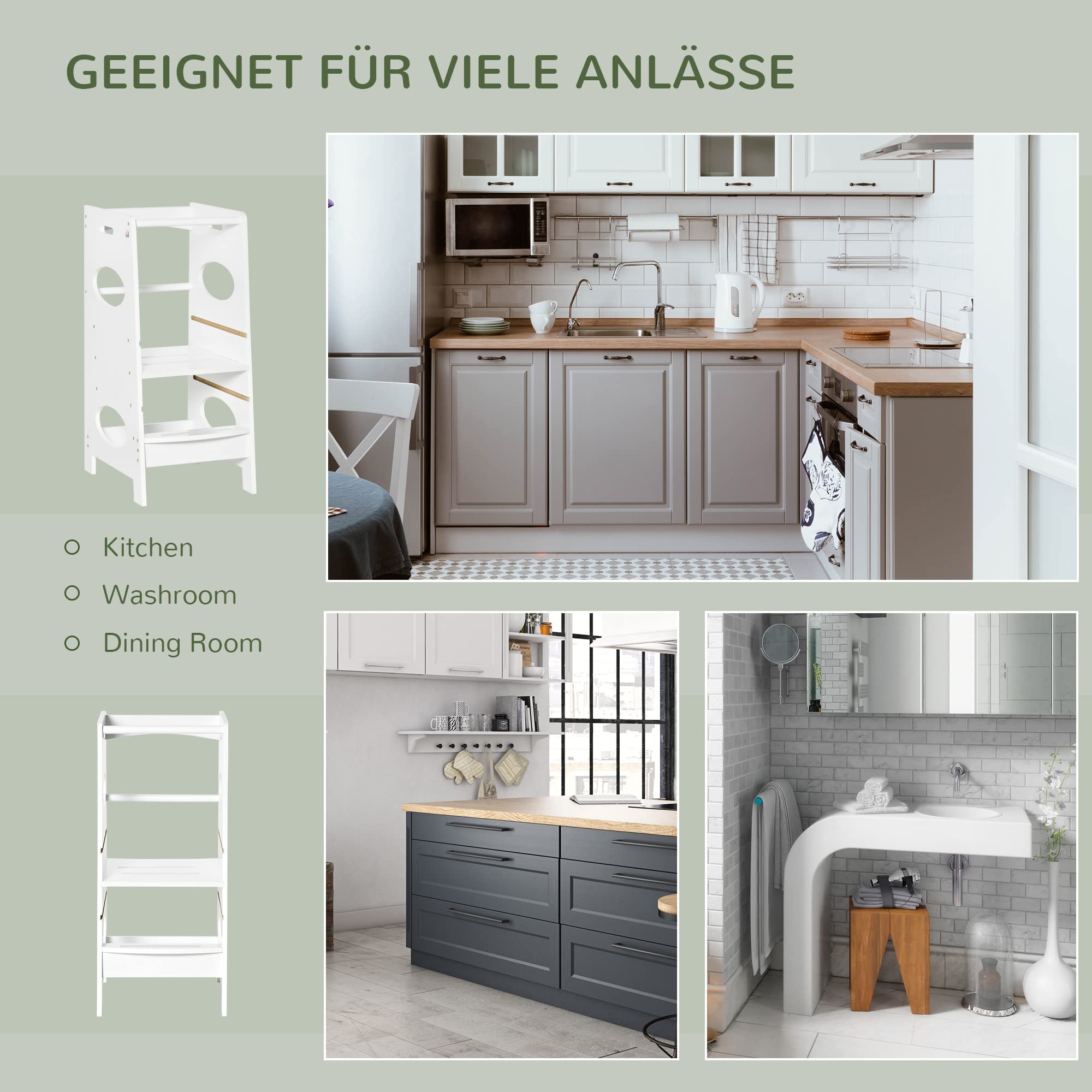 HOMCOM Lernturm für Baby Tritthocker Schemel Stehender mit 3 Stufen Küchenhelfer für 3+ Jahre Kinder Jahre Sicherheit Bad Schlafzimmer Küche Weiß 40 x 50 x 90 cm