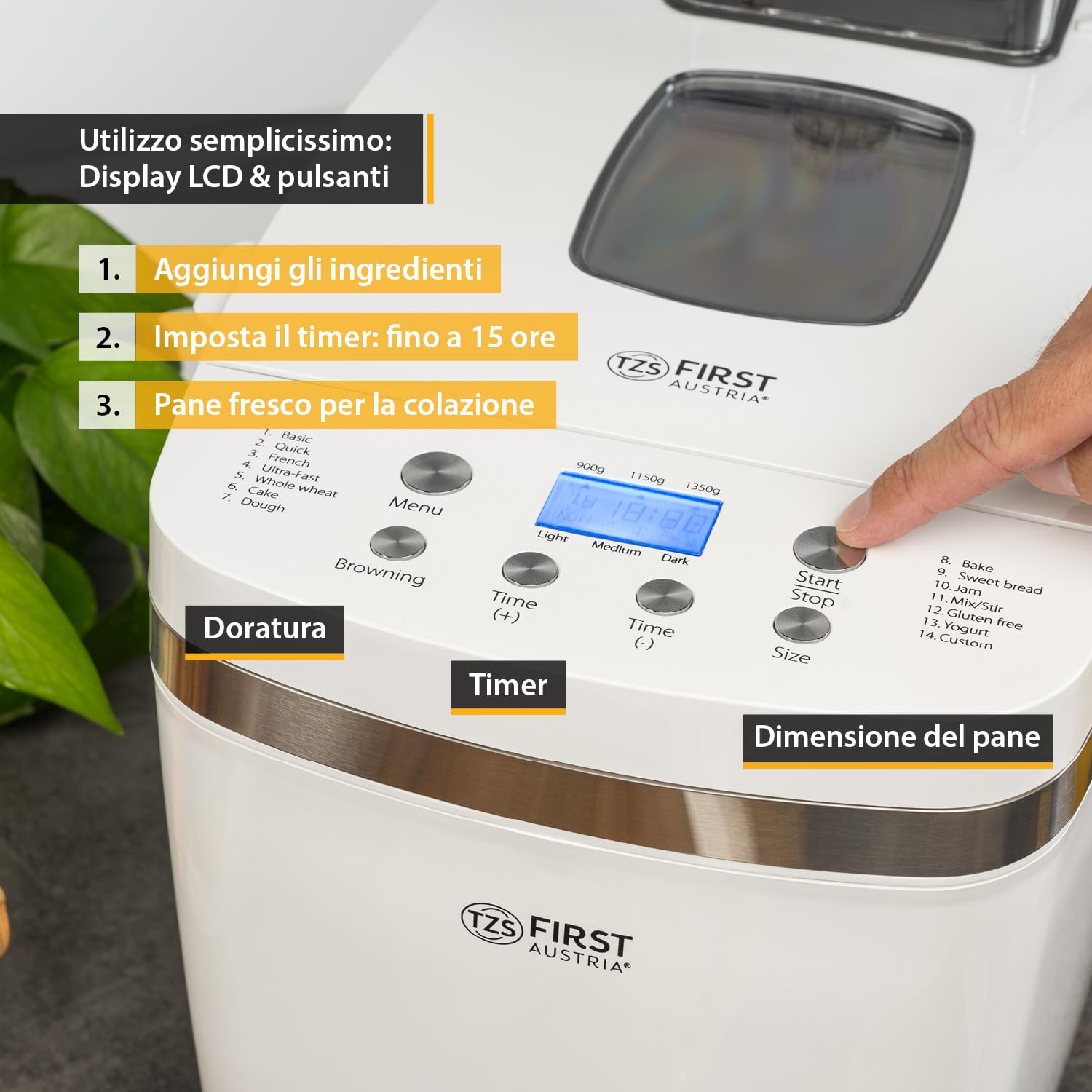 TZS First Austria - Macchina del Pane 850W - Per pane da 900g & 1350g - 14 Programmi automatici - Doratura regolabile, Timer & Funzione mantenimento calore