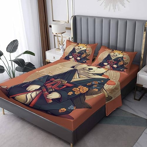 Miniatura 1 de Shiba Inu - Juego de sábanas japonesas, sábanas y fundas de almohada estampadas, 4 piezas, sábana bajera ajustable de microfibra suave con bolsillo
