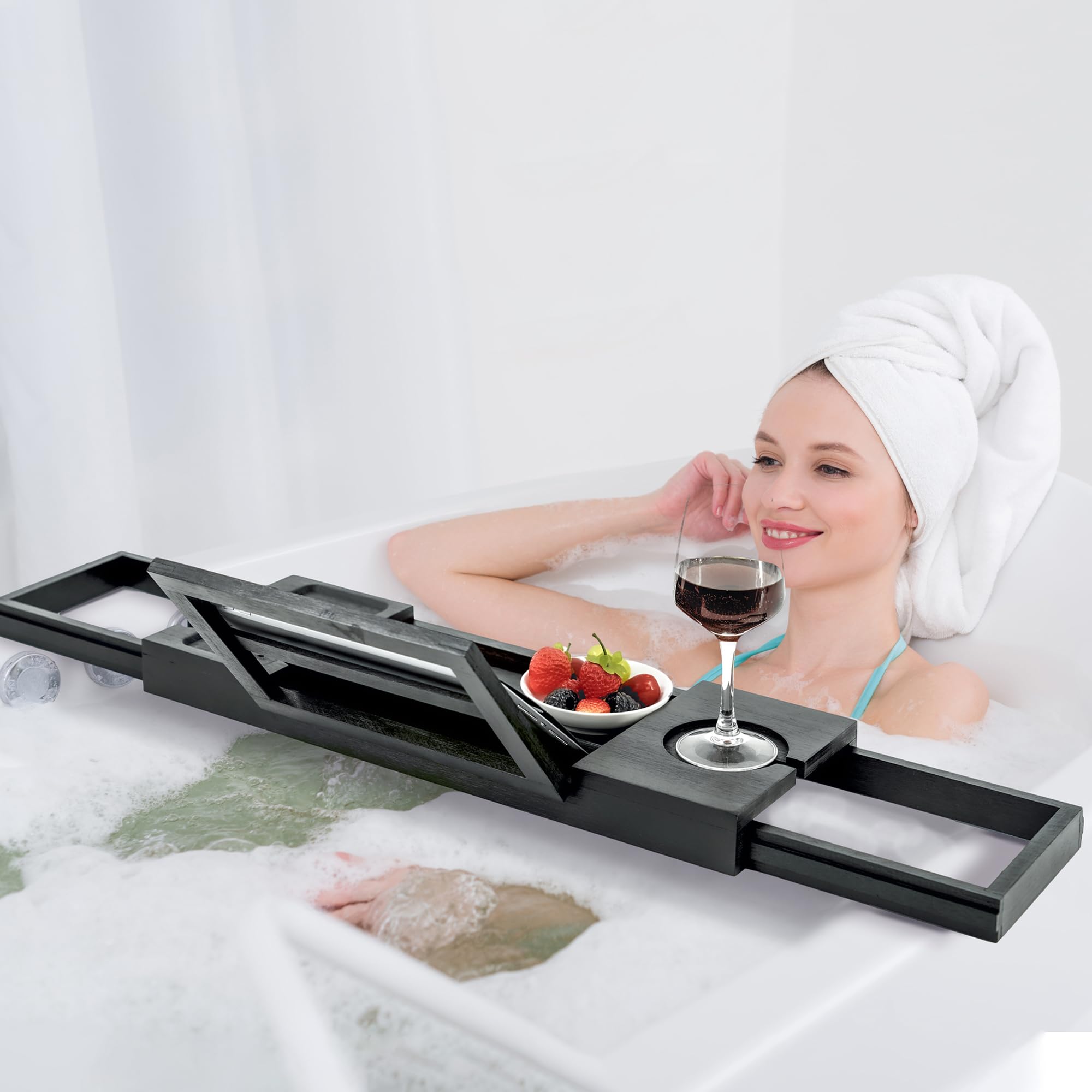 Utoplike Badewannentablett aus Bambus, verstellbar, für Badewanne, Schwarz | Badezimmer-Organizer mit Buch, Tablet, Weinglas, Tasse, Handtuchhalter