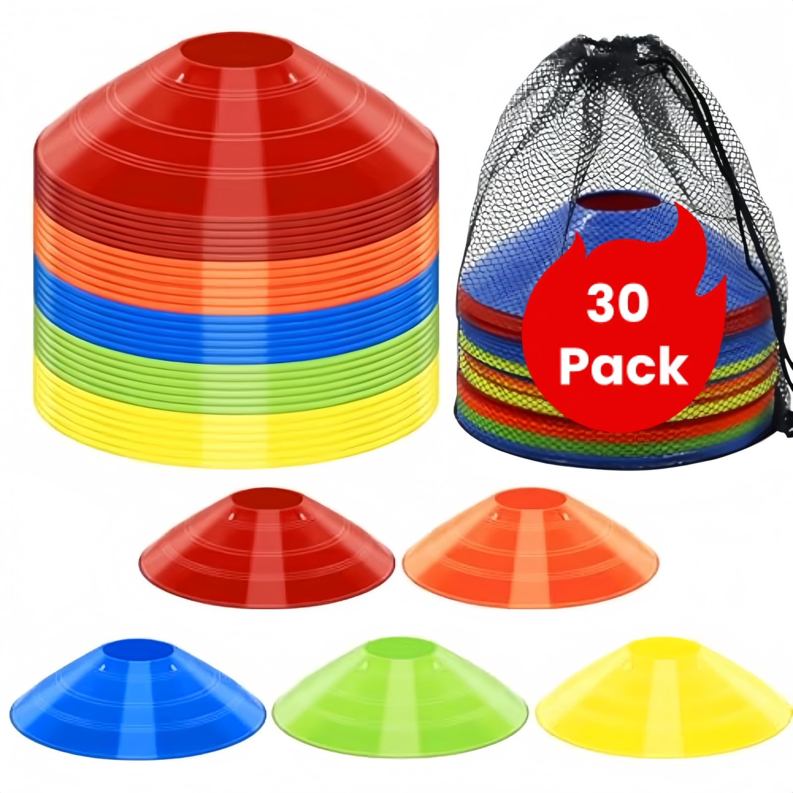 30 Pieces High Visibility Disc Cones with Carry Bag and Holder, Multicolor Agility Markers for Soccer, Football and Speed Practice - Durable Flexible PE Training Cones-image-35