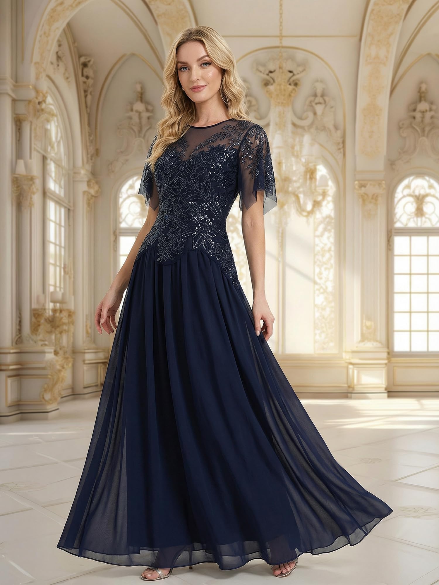Ever-Pretty Abito Cerimonia Donna Collo Rotondo Maniche Corte Paillente Maxi Gonna Svasata EE02675