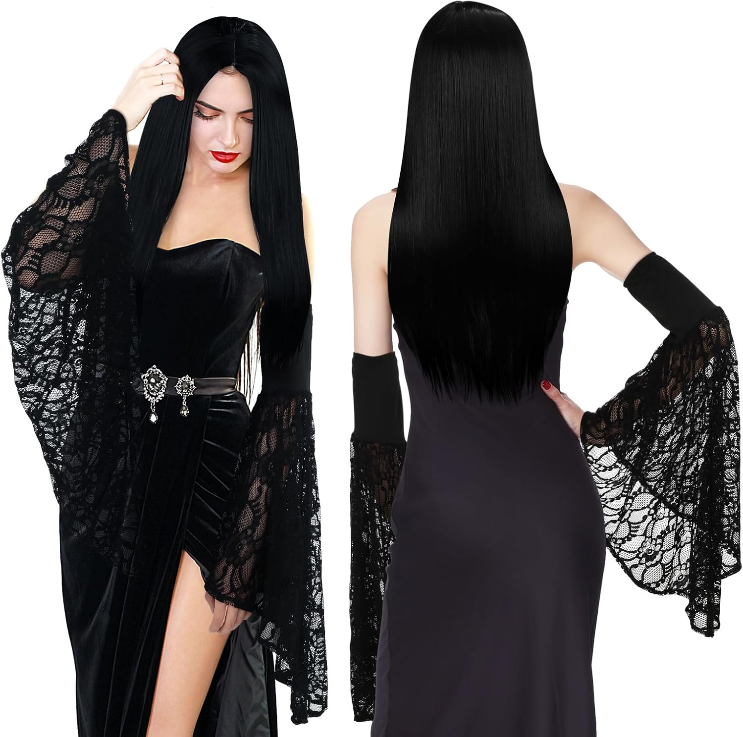 Riceshoot 3 Pcs Halloween Costumes Accessories for Women Long Black Wigs Gothic Gauntlets Costume Long Lace Cuff Accessory for Mysterious Cosplay Costume Halloween Witch Accessory