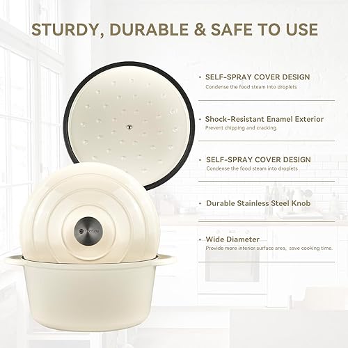 Miniatura 5 de Gacuray - Olla holandesa de hierro fundido esmaltado de 4.5 cuartos de galón con asas duales Lidnd, resistente, antiadherente, color blanco crema