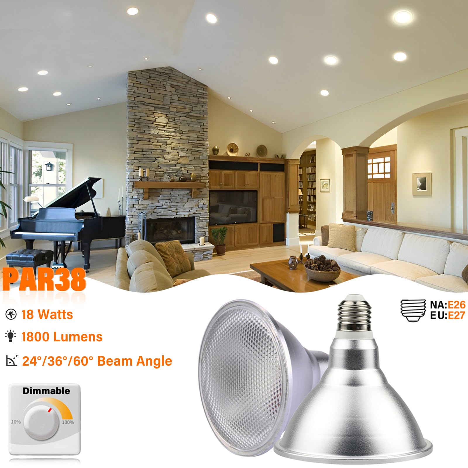 PAR38 Flutlicht-LED-Leuchtmittel, 18 Watt, dimmbare Glühbirne (150 Watt Äquivalent), 1800 Lumen Strahler, AC 220 V–240 V, E27-Sockel, 10%–100% Helligkeitseinstellung (8 Stück)