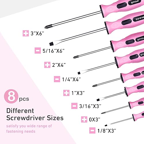 Miniatura 2 de FASTPRO Juego de destornilladores magnéticos rosados de 8 piezas con 4 Phillips y 4 puntas ranuradas, kit de herramientas de reparación de