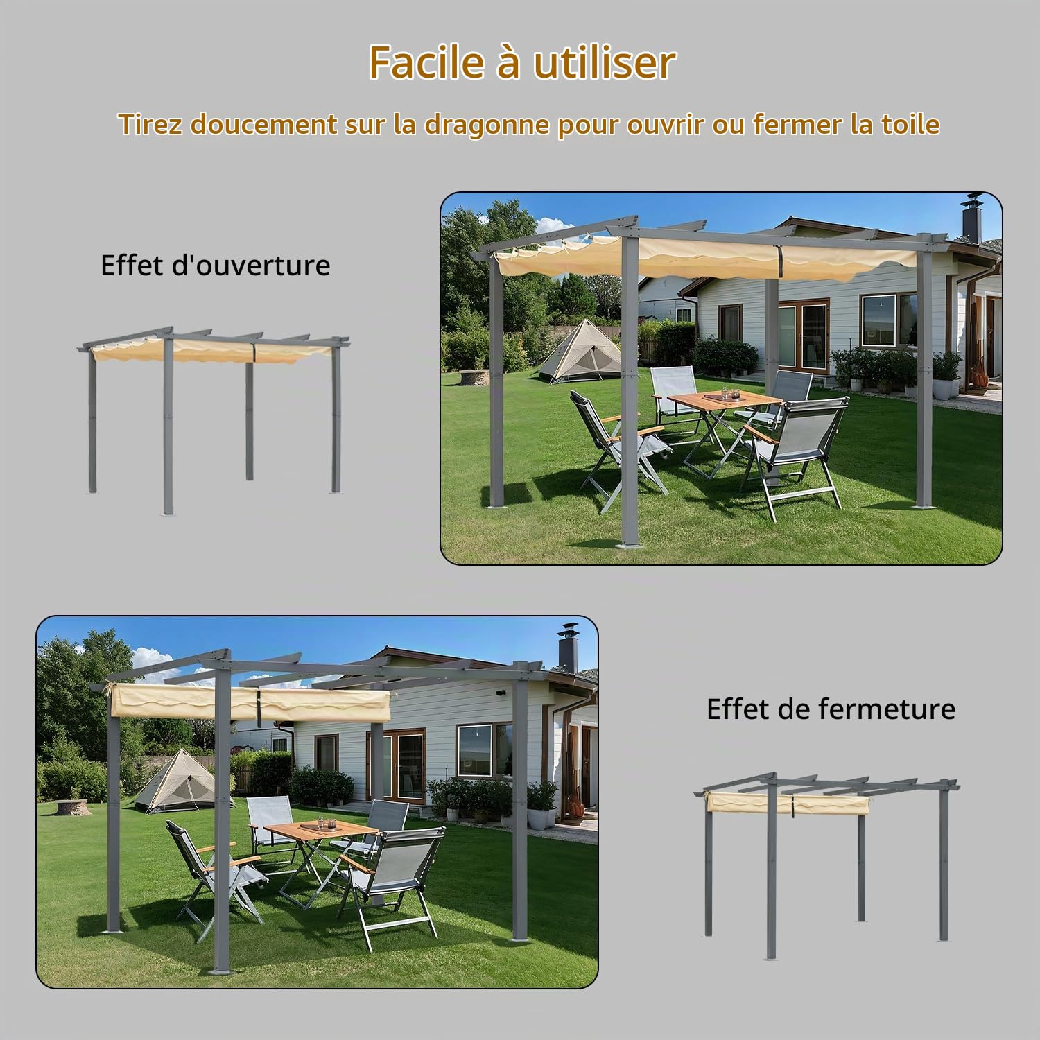 Angel Living Pergola en Aluminium, 4x3M, Coulissante Rétractable, Tissu en Polyester Haute Densité Hydrofuge et Résistant aux UV, Abri Soleil Pavillon de Jardin pour Jardin Terrasse, Beige