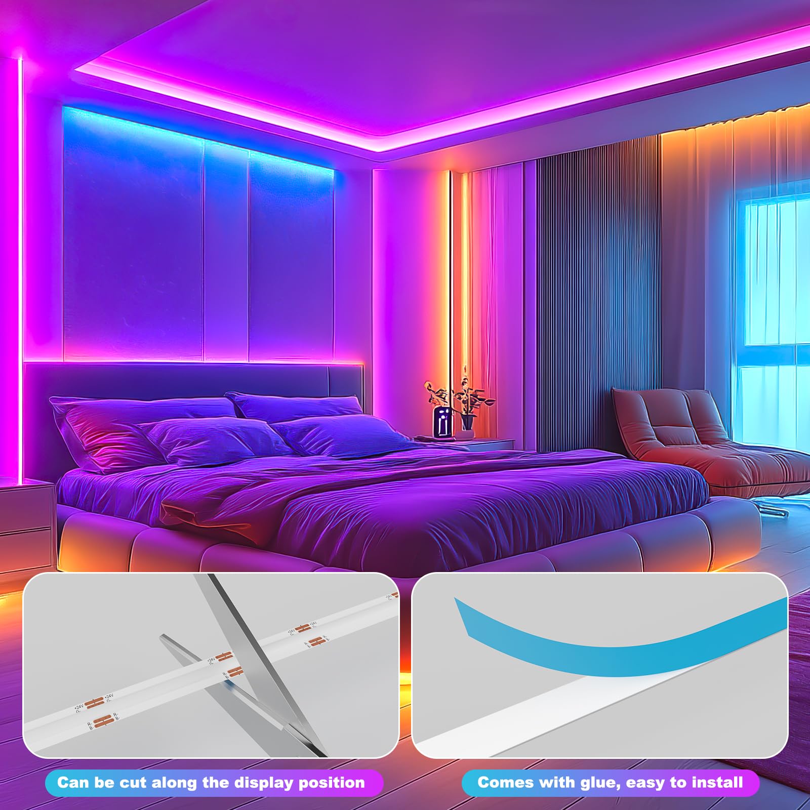 Striscia LED Striscia LED COB 5m, Nastro LED con Telecomando e App e Sincronizzazione Musica, Striscia LED Dimmerabile Autoadesiva 24V, Illuminazione TV LED 36W Molto Luminosa per Cucina, Soggiorno