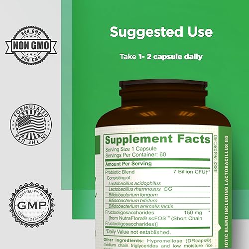 Miniatura 5 de Suplemento para la salud digestiva, probiótico diario 7 mil millones de UFC por cápsula, 5 cepas esenciales, incluyendo Lactobacillus GG. Apoya la