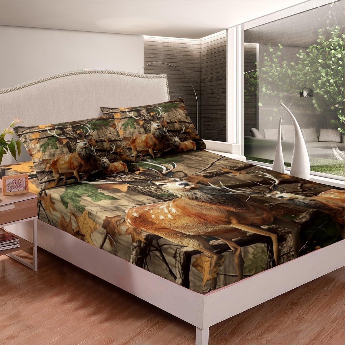 Feelyou Cute Deer Fitted Sheet Full Size Western Farmhouse Bedding Set for Kids Teens Adults Camo Bed Sheet Set Deer Hunting Bed Cover Deep Pocket Room Decor 3Pcs with 2 Pillow Cases