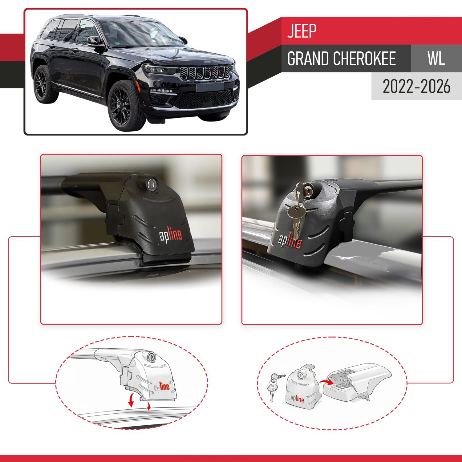 Kompatybilny z Jeep Grand Cherokee (WL) 2022-2026 ACE-2 Model Aluminiowe poprzeczki dachowe Czarny 2 szt.