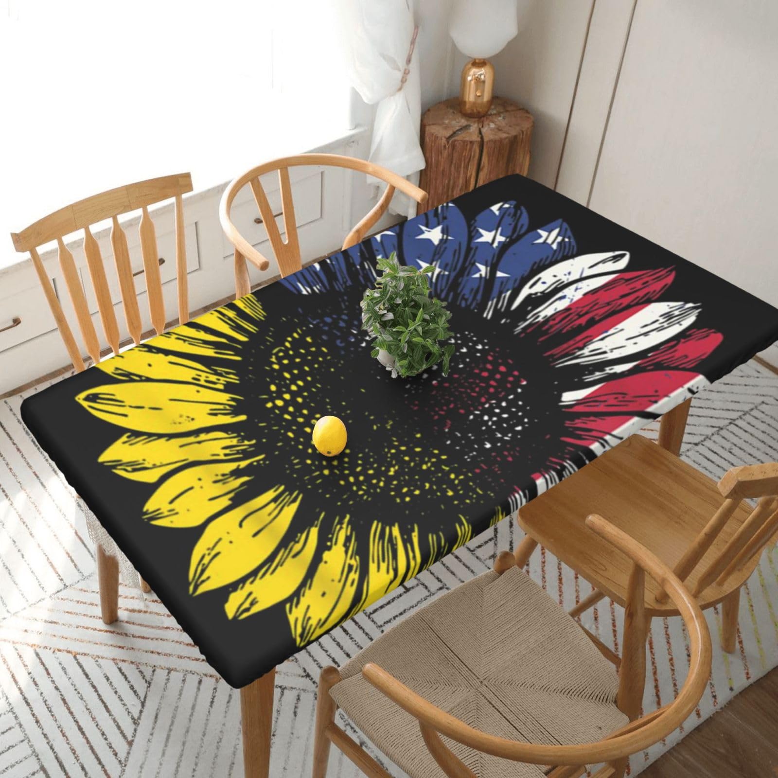 BNVSADC Sunflower American Flag Printed 5FT Tablecloth Polyester Kitchen Water Resistant Table Cloth Dining Table Decoration Table Covers, 152x76 CM