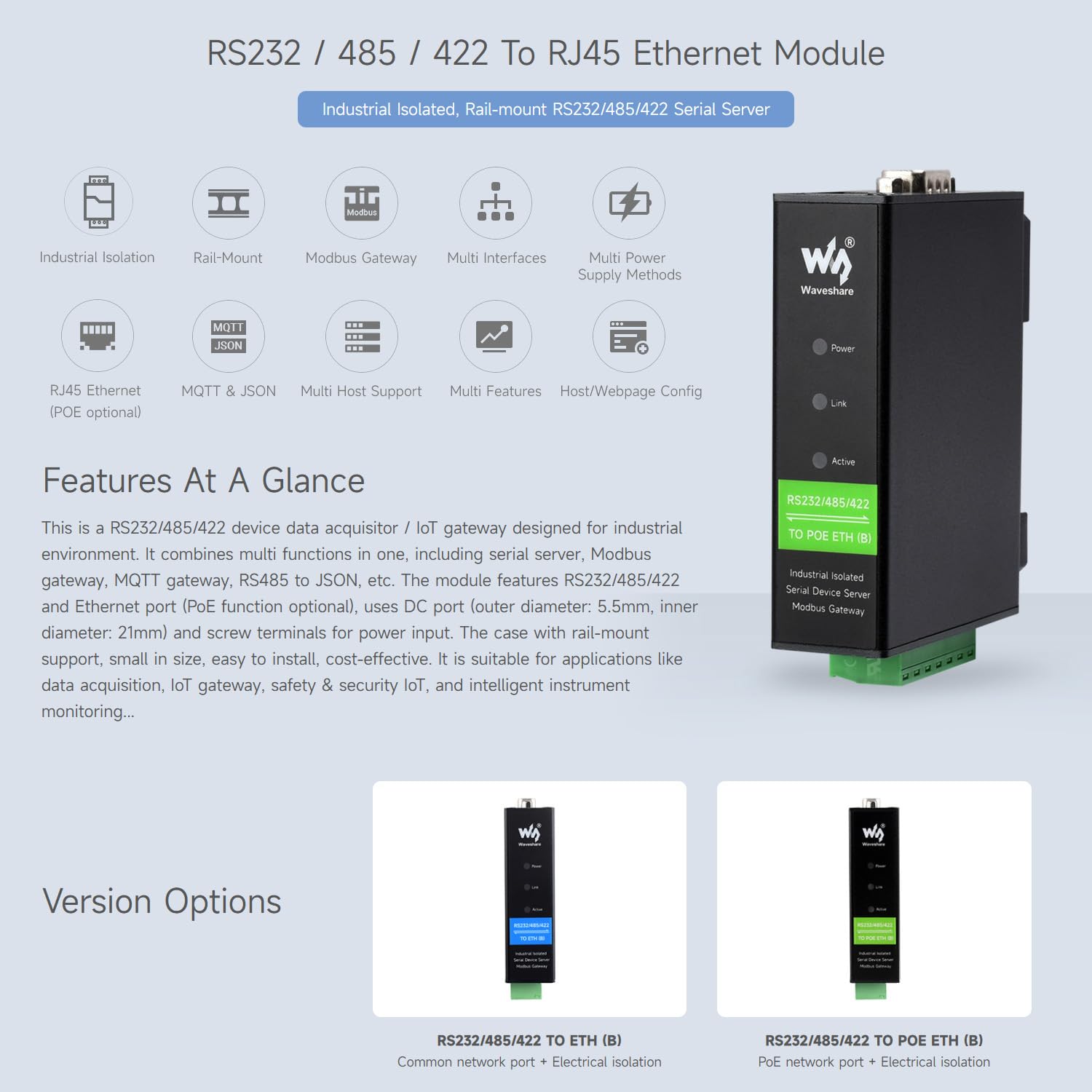 Waveshare Rail-Mount Serial Server RS232/485/422 to RJ45 Ethernet Module POE Function TCP/IP to Serial Supports Modbus Gateway for Data Acquisition IoT Gateway and Intelligent Instrument Monitoring