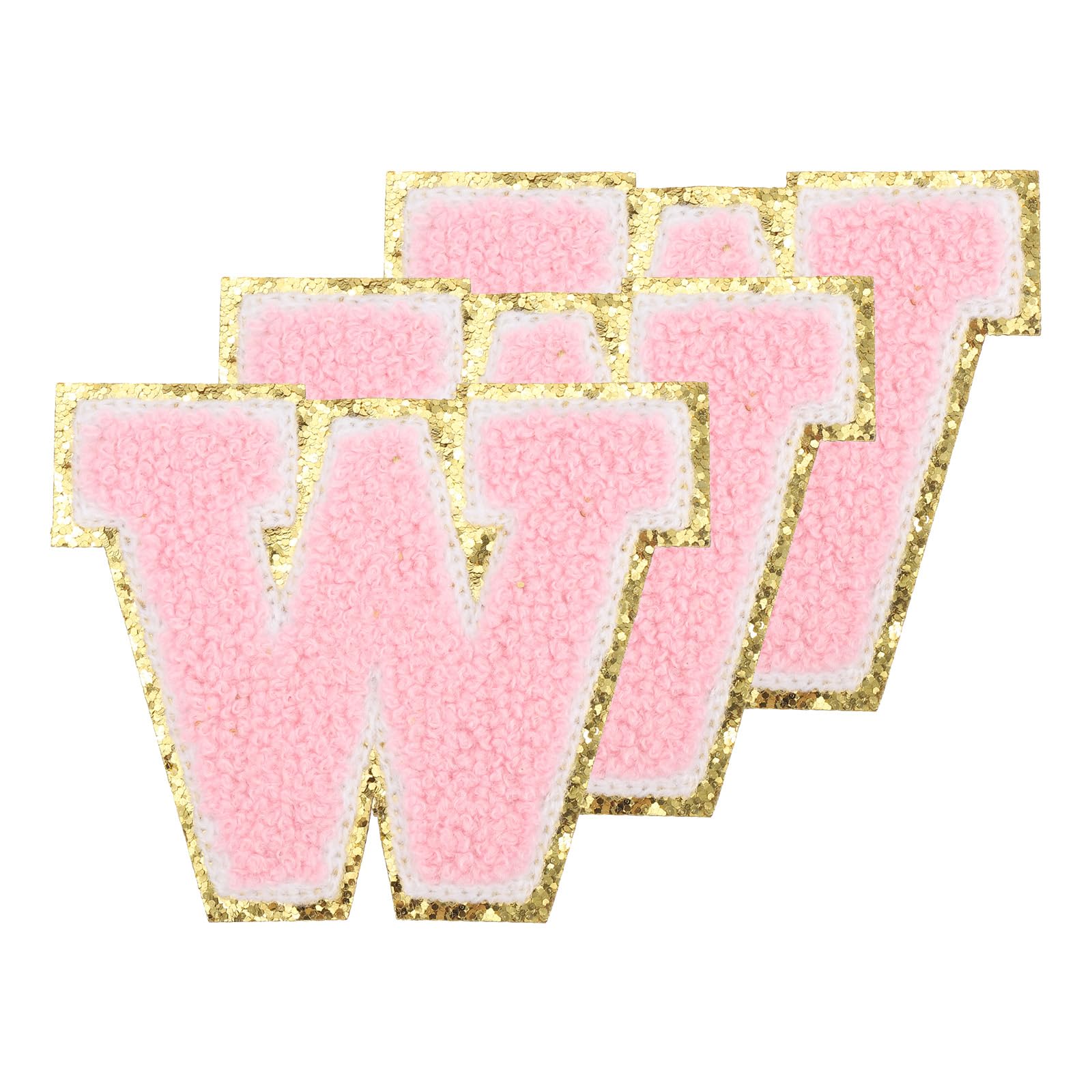 PATIKIL Chenille Sew on Letter Patches 3.3 Inch, 3 Pack Self Adhesive Chenille on Patches Golden Edge Embroidered Stickers for Clothing DIY Backpacks Hats Decoration, Pink Letter-W
