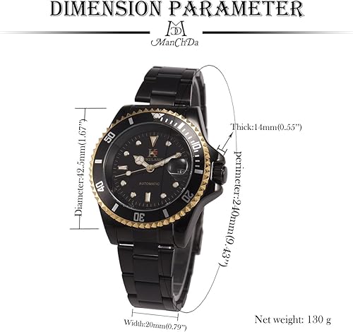 Miniatura 2 de ManChDa Reloj de pulsera de acero inoxidable con números romanos mecánicos automáticos para hombre, esfera negra, caja de regalo, regalo de San