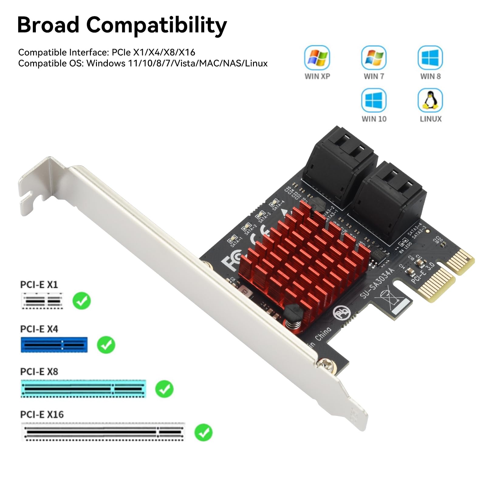 ELUTENG Adaptateur PCI-E vers SATA 4 ports PCIe carte d'extension 6 Gbps SATA 3.0 contrôleur PCI Express Carte contrôleur avec 4 câbles SATA Support à profil bas pour Windows/Vista/Linux
