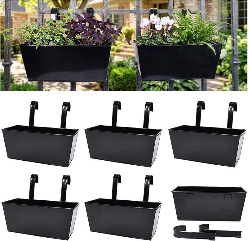 6 Pack 12" Outdoor Metal Balcony Fence Railing Planters, Rectangular Black | Detachable hooks, Drainage holes, Rustproof, Hanging flower pots, For railing / balcony / patio, For herbs blooms or veggies