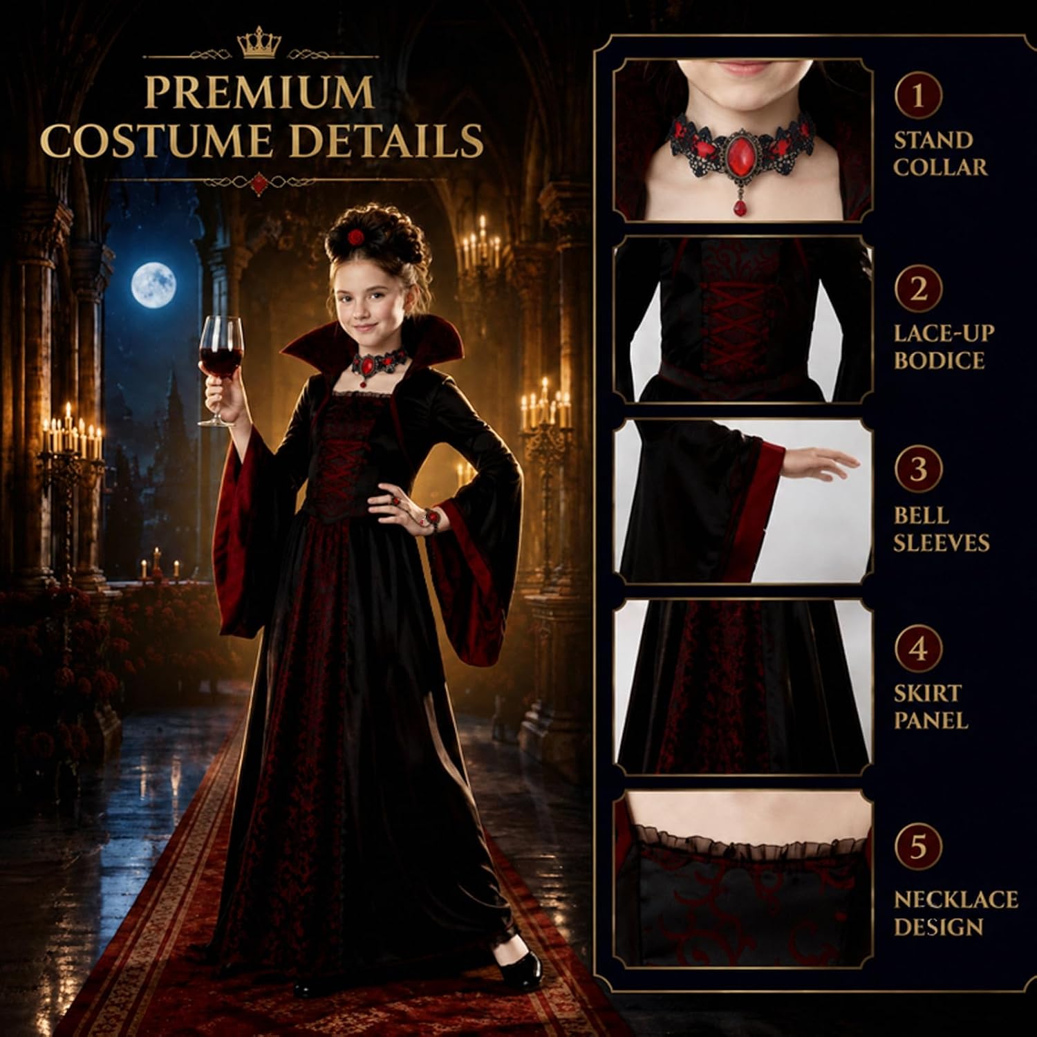 Girls Vampire Princess Dress Costume Halloween Costumes for Kid Age 3-12