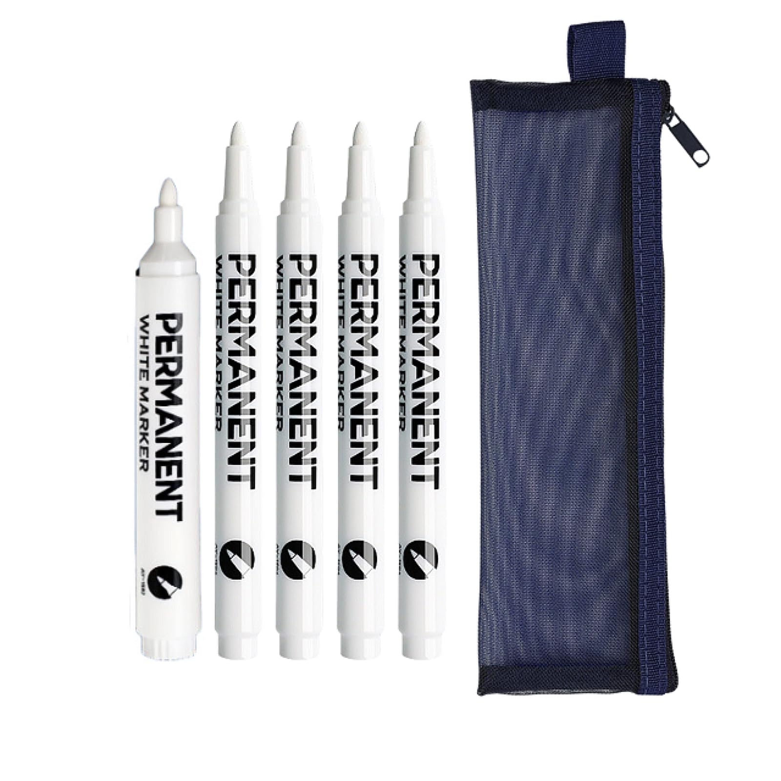 5 Rotuladores Blancos Permanentes (4 Finos + 1 Grueso) con Estuche, Marcadores Impermeables para Vidrio, Cerámica, Tela, Neumáticos
