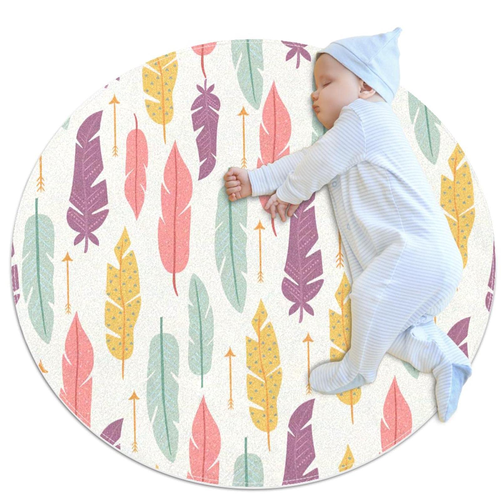 Tapis de jeu pour enfants rond motif plumes animaux JDEZ chambre fille garçon