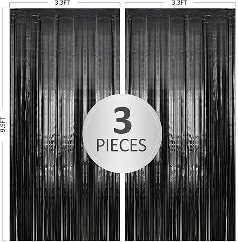 Miniatura 2 de Paquete de 3 Cortinas de Fondo de Flecos de Papel de Aluminio Negro de 3.3 x 9.9 pies, Cortinas de Fondo de Serpentinas, Decoraciones de Fiesta de