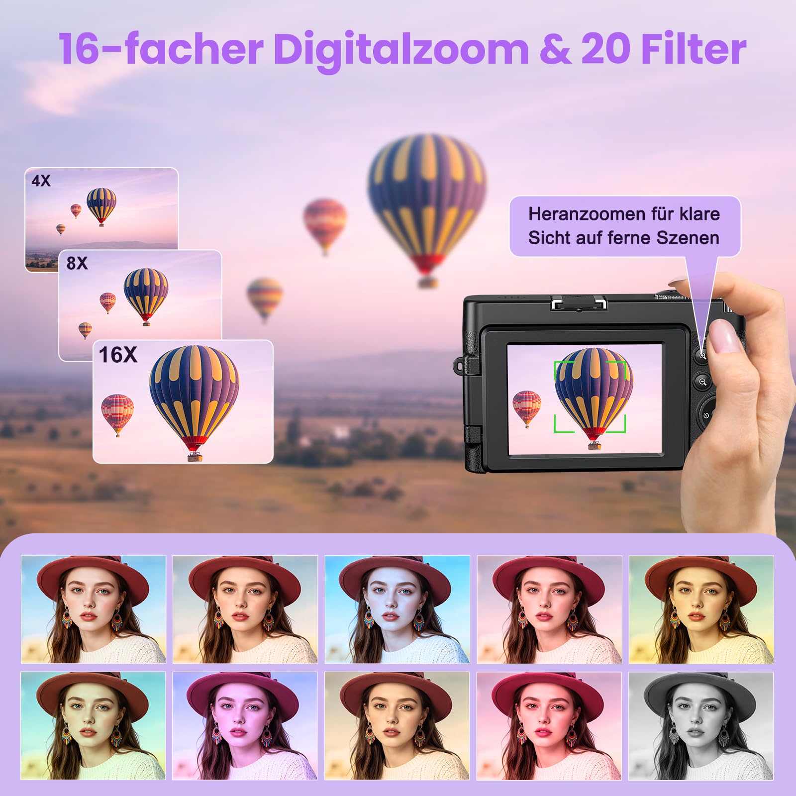4K 64MP Digitalkamera mit WLAN und Autofokus, 3" 180° Klappbildschirm, Kompaktkamera mit 32GB Karte, Ladestation und 2 Akkus