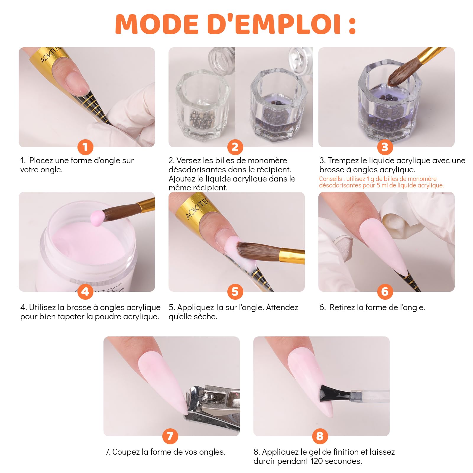 Aokitec Liquide acrylique avec perles neutralisant les odeurs, monomère EMA 120 ml pour ongles en acrylique, monomère à faible odeur et non jaunissant pour poudre acrylique