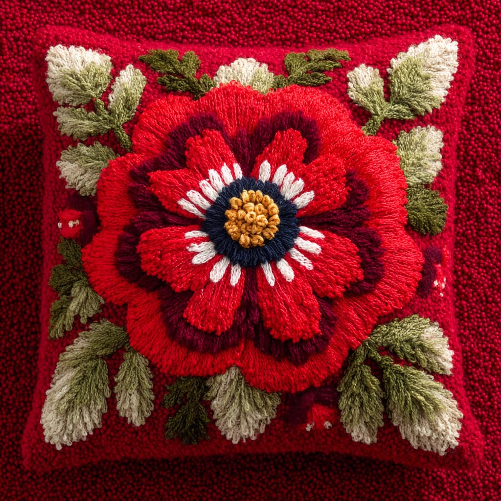 Henypt Latch Hook Pillow Case Kits, Red Flowers