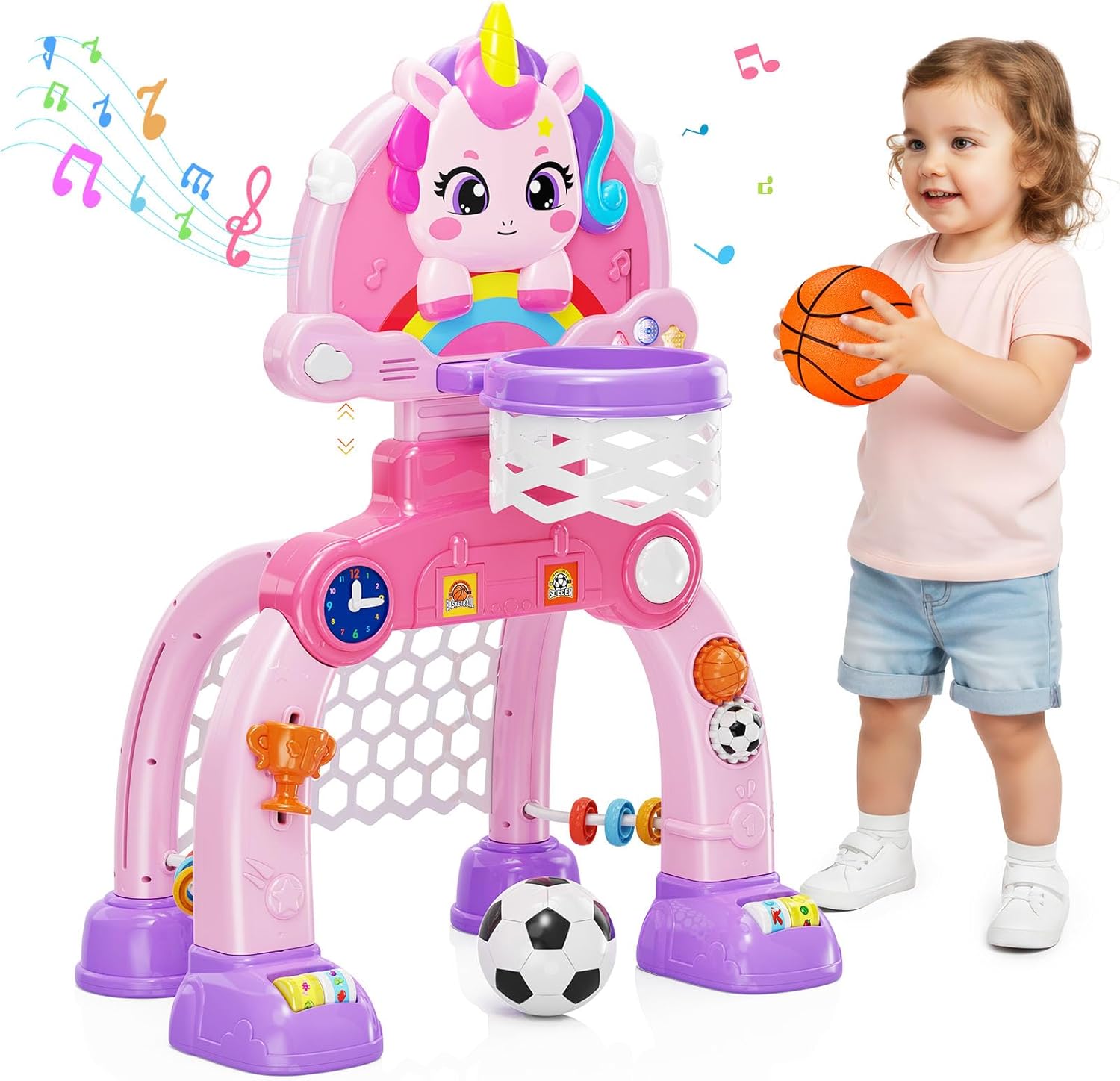Unicorn Toddler Basketball Hoop & Soccer Goal with Light & Music, 2-in-1 Sports Toy for 1-3 Year Old Boys & Girls, Toys for 1+ Year Old Girls, Birthday for Baby Kids