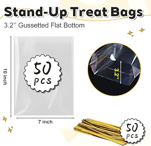 Miniatura 10 de PigPotParty 12 x 16 pulgadas, 100 bolsas de refuerzo inferior, bolsas de plástico transparente de celofán para regalo con 100 lazos giratorios,