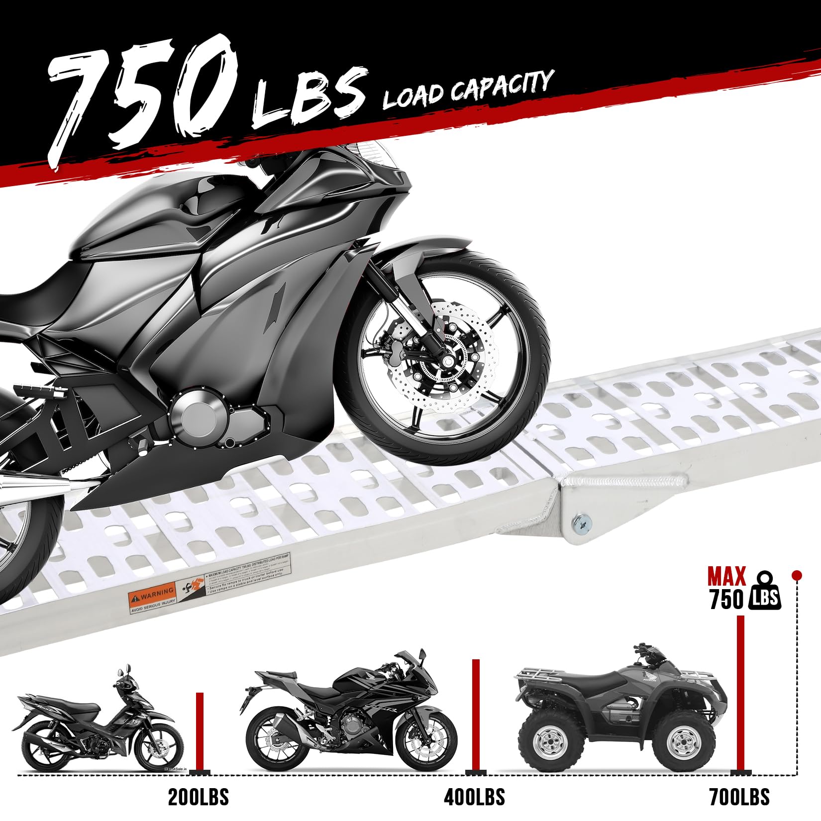 Rampa di carico pieghevole in alluminio per moto, ATV, UTV e tosaerba - Capacità 340 kg - Leggera e portatile - Universale per diversi veicoli - Colore alluminio