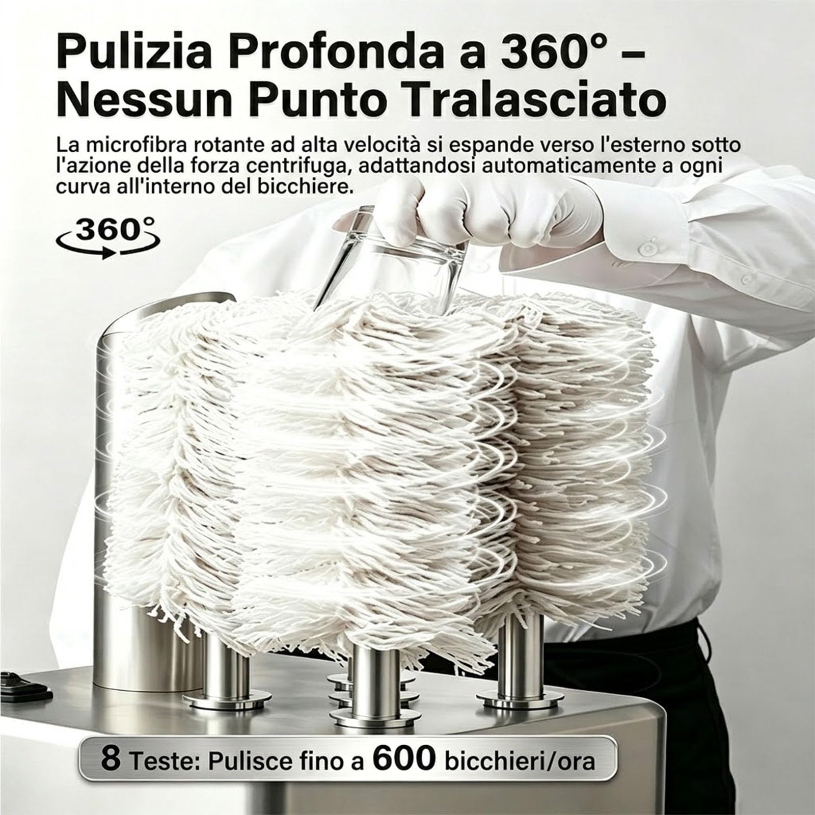 Spazzole per Lucidatrice per Bicchieri, Set da 8 Ricambi in Microfibra, Spazzola Asciuga Bicchieri per Lavabicchieri da Ristorante, Finitura Brillante,Bianca