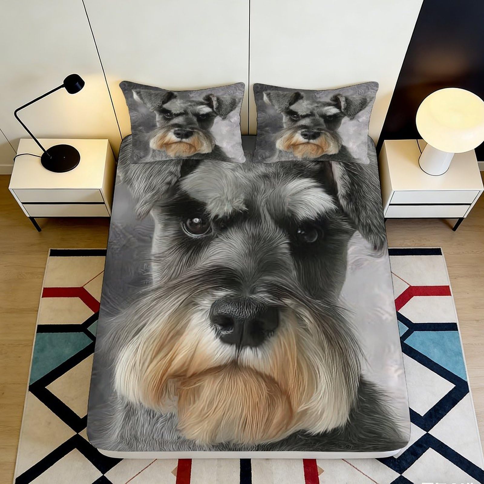 3D Printed Schnauzer Fitted Sheet Microfiber soft touch, wrinkle resistant, apartment bedding, guest room decor, mattress cover, easy care, stylish room accent 160x200x25cm