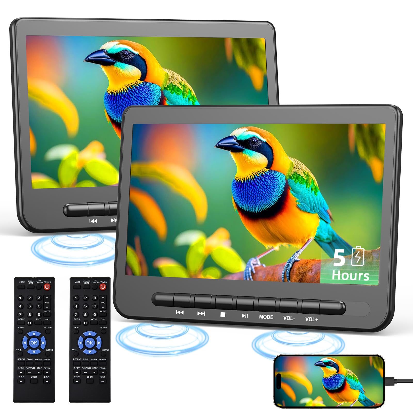 DESOBRY 10.1" Portable DVD Player for Car — Plays Same or Different Movies