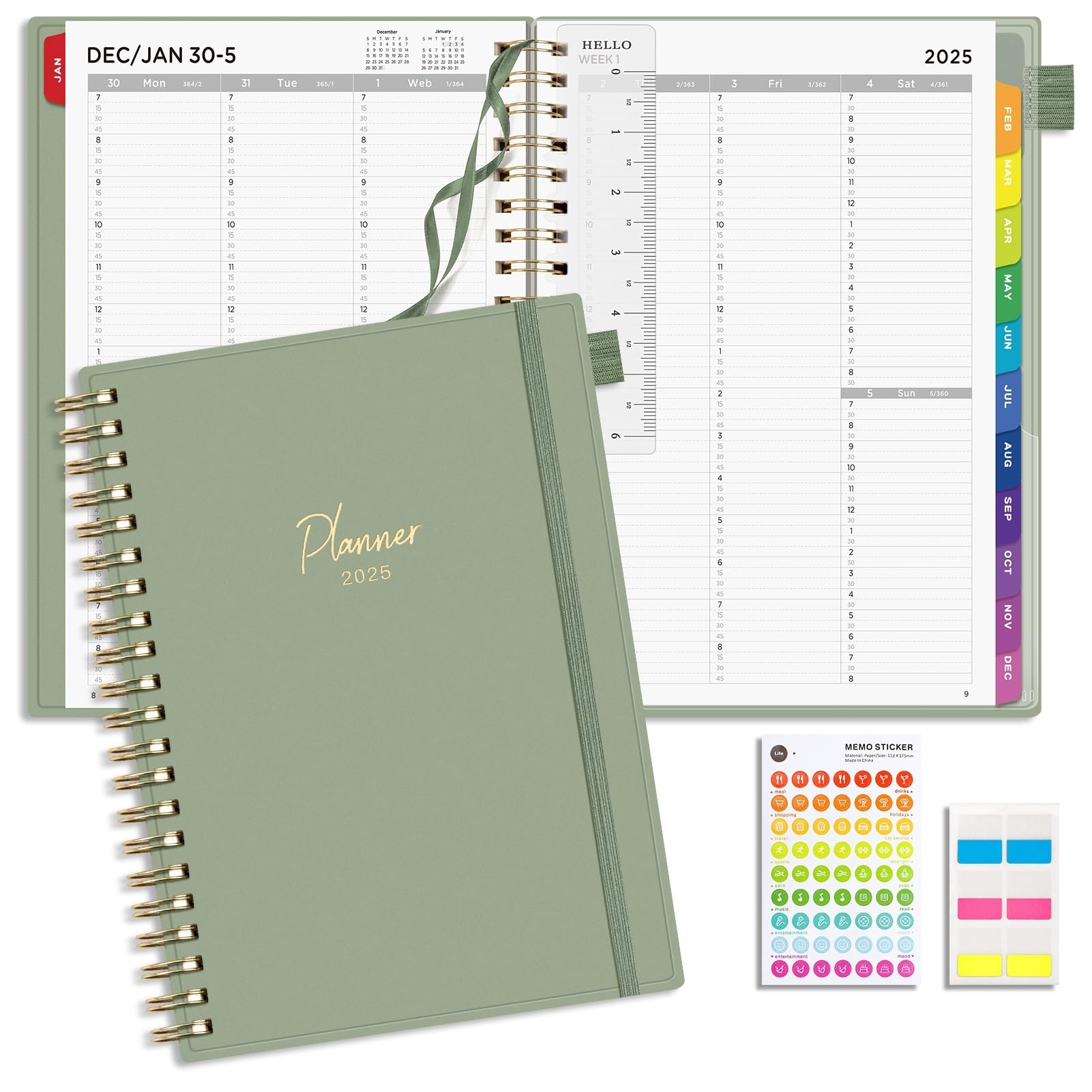 EMSHOI 2025 Appointment Book 8.5 x 11, 15-Minute, A4 Daily Weekly and Monthly Planner, Quarter-Hourly Planner, PVC Cover, Note Pages, Monthly Tabs, LightGreen (Note: Wed was misspelled as Web)
