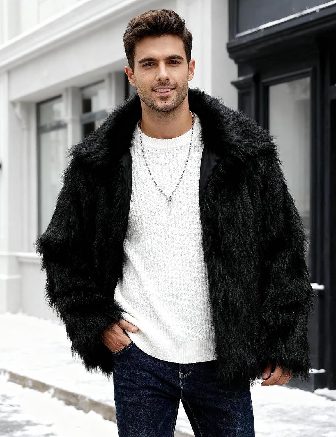 Eisctnd Men's Faux Fur Coat, Warm Fluffy Fuzzy Fleece Jacket with Lapel Collar for Winter Fashion Trench Outerwear