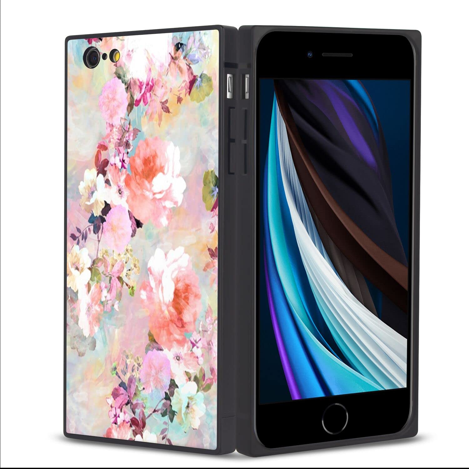 Square Mobile Phone Case iPhone 7/8/SE2 Pink Flower Anti-Shock Protection Flexible Premium Case for iPhone 7/8/SE2