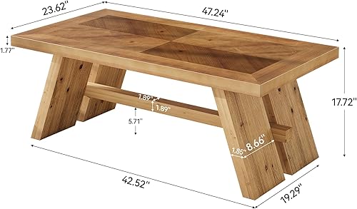 Miniatura 2 de Mesa de centro de madera maciza, mesa central rectangular de 47 pulgadas, patrón geométrico de grano de madera, marrón