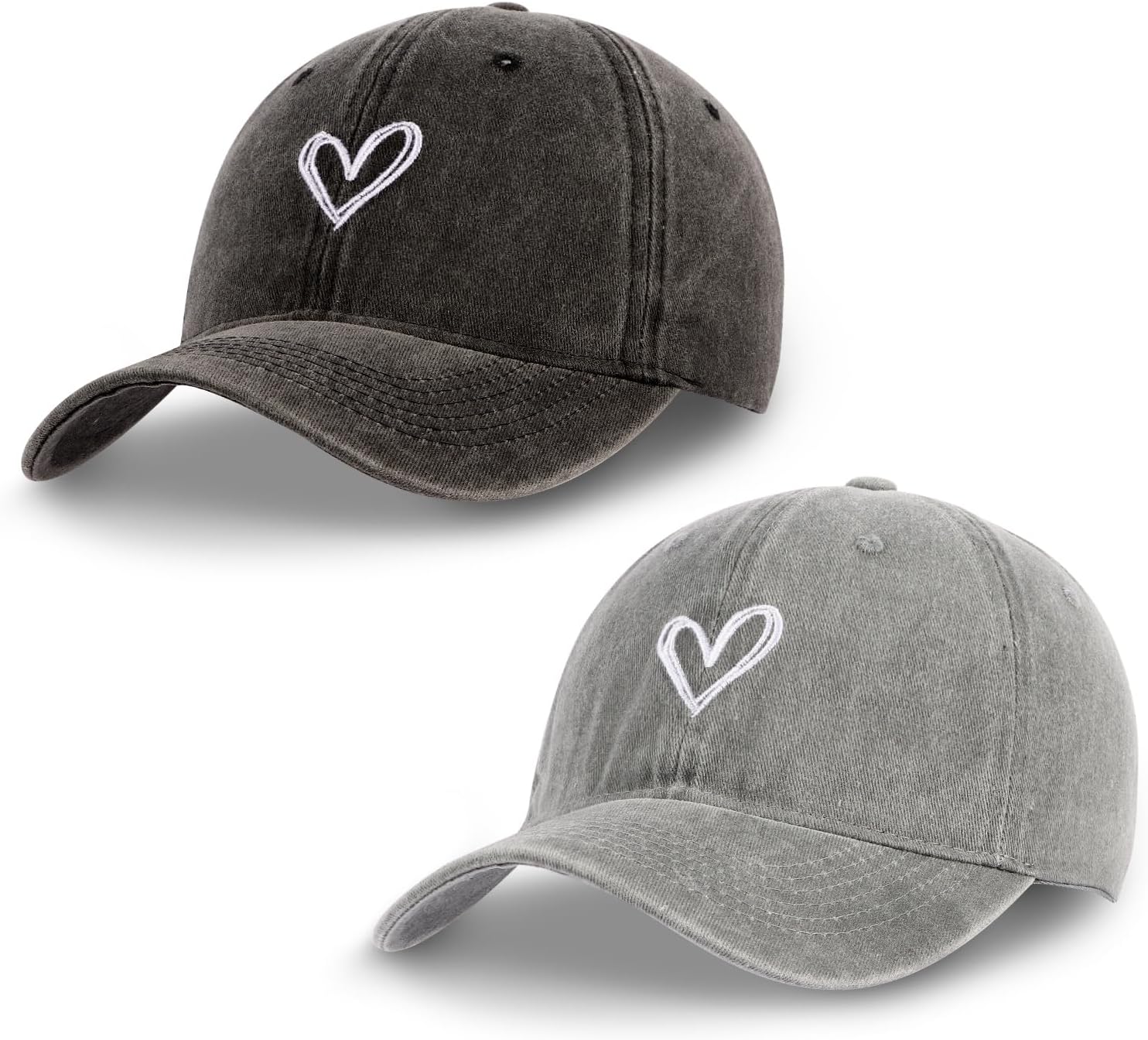 2 Pack Heart Baseball Caps for Women Men, Cute Adjustable Washed Sun Hats for Outdoor Running Golf