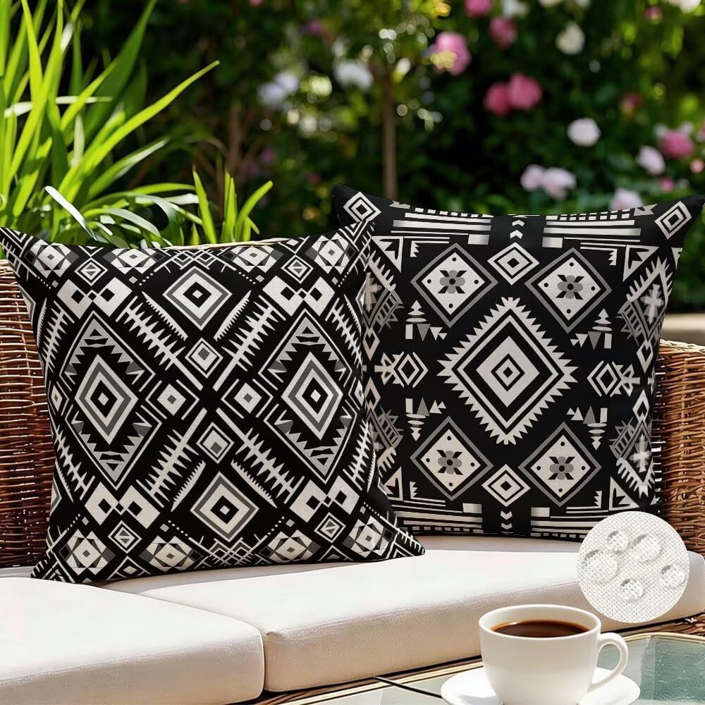 Housses de coussins décoratifs pour salon patio jardin imperméable 60x60 noir lot de 2