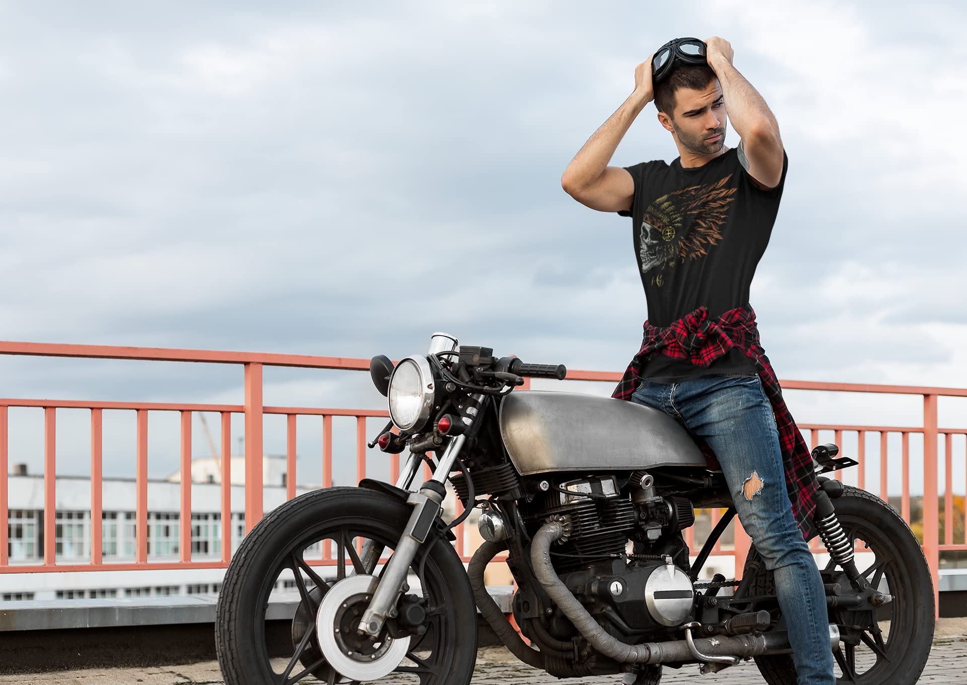 Męska koszulka dla motocyklistów: Indian Skull - T-Shirt Motocykl prezenty rowerzysta Chopper akcesoria