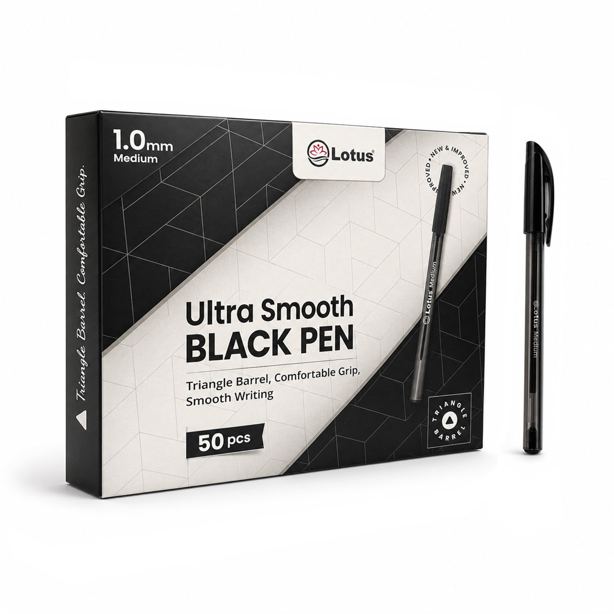 Lotus Black Pens Pack of 50, Ballpoint Pens with Triangle Grip, 1.0mm Medium Tip, Smooth Writing Black Ink Pens Bulk Multipack for School, Office & Everyday Use