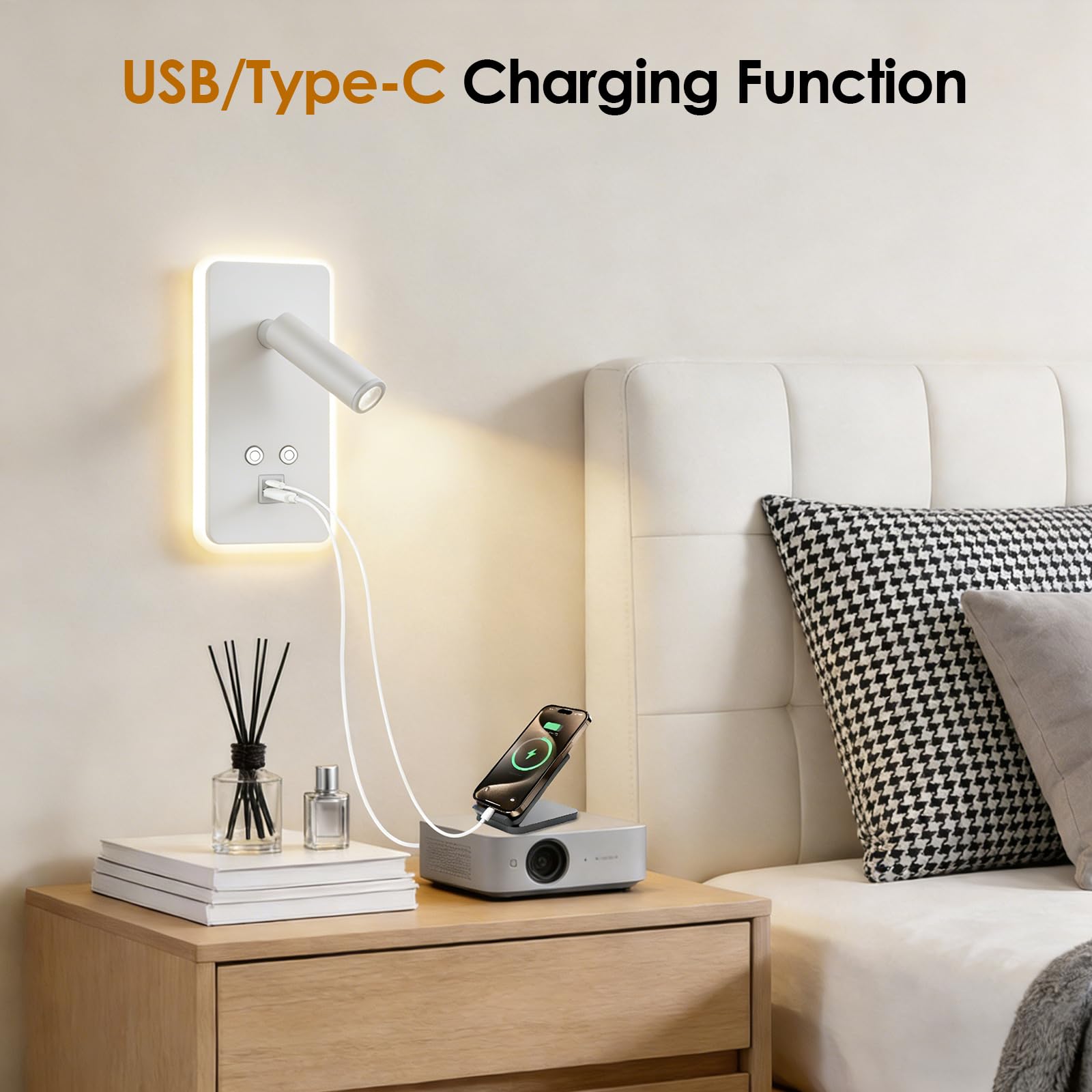 2 lampade da lettura a LED da parete lampada da lettura a intensità regolabile in continuo, lampada da parete con porta di ricarica USB e Type-C e interruttore per camera da letto, hotel(Bianco)