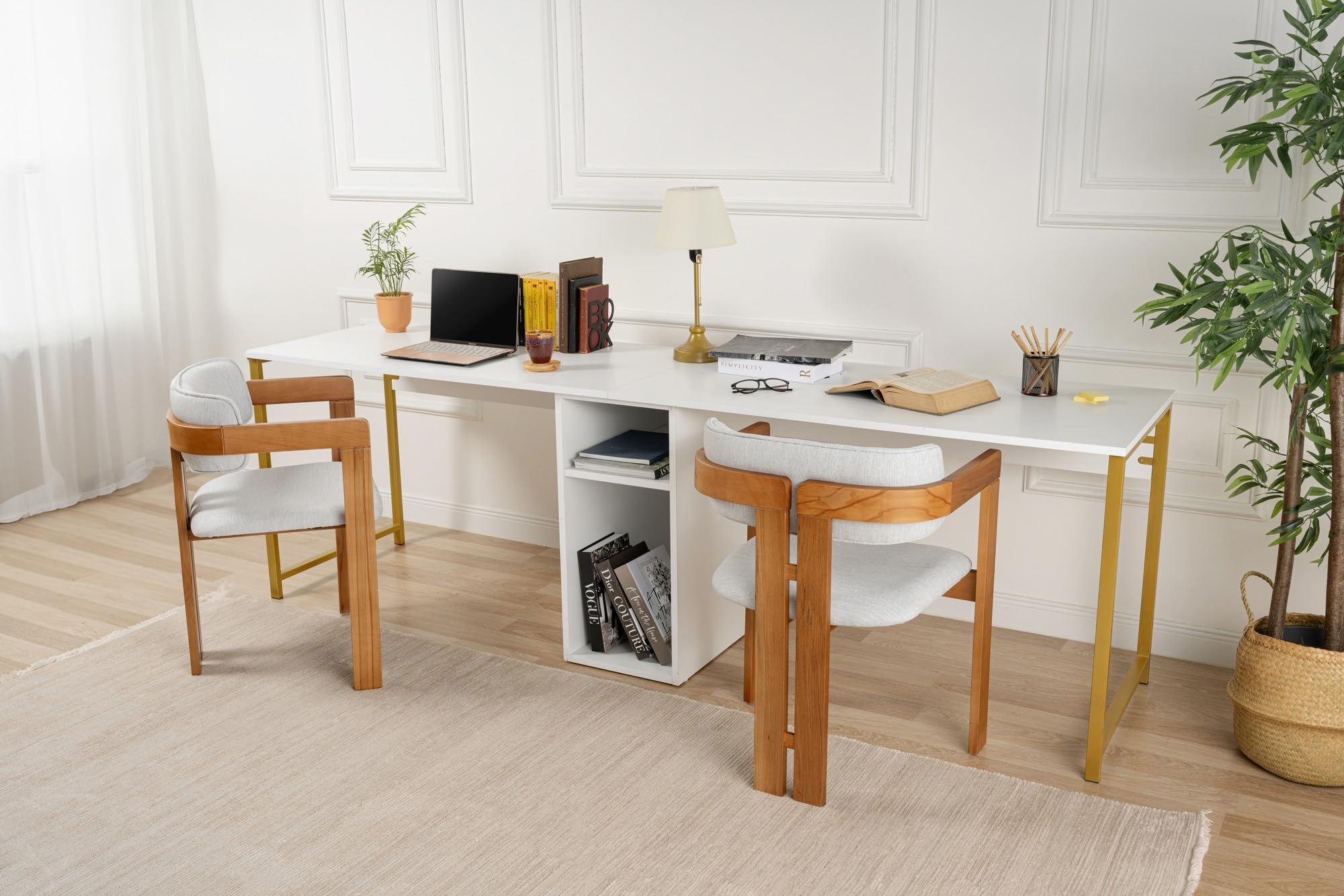 Contemporary and Practical Study Desk, biały, złoty, 240 x 74 x 60 | 100% powłoka melaminowa | idealna do nowoczesnego biura domowego i gabinetu, elegancki i funkcjonalny design